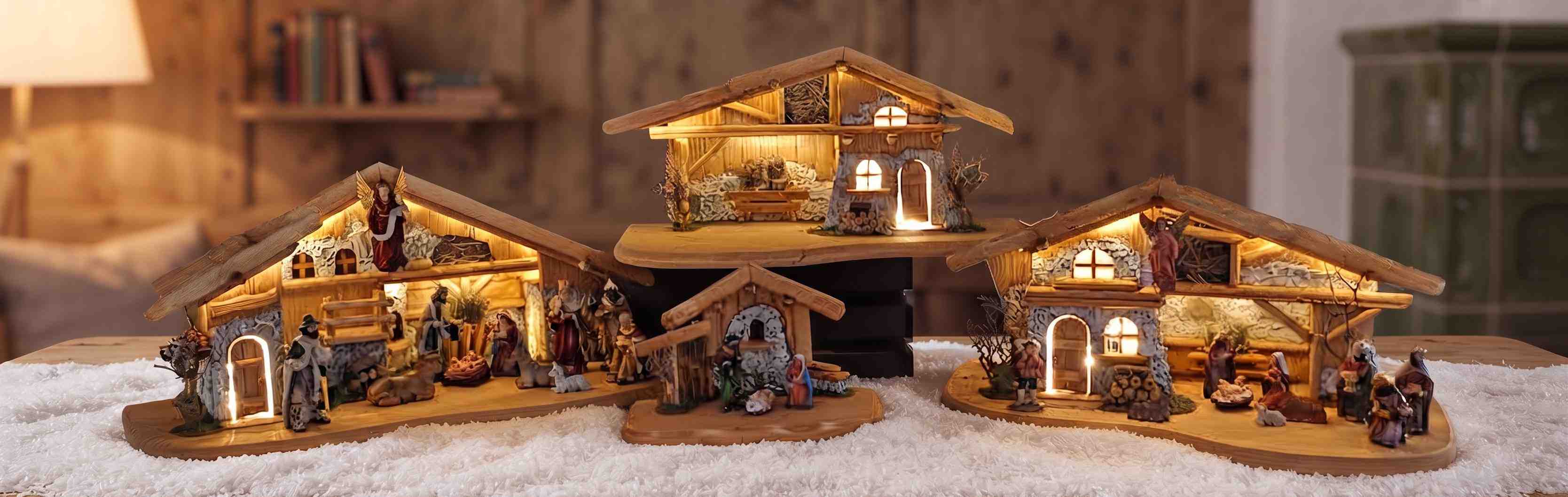 Holzhäuschen und Weihnachtskrippen