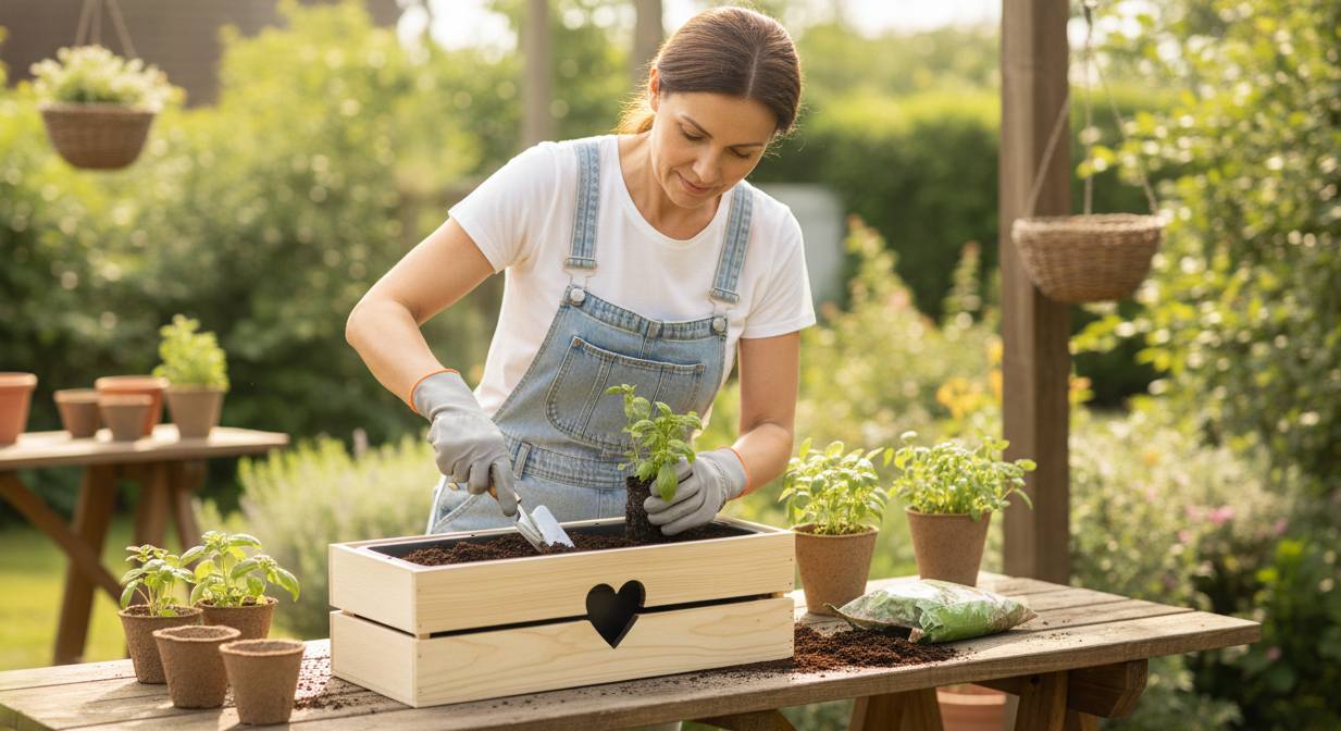 Dřevěný truhlík jako dárek pro maminku – zahrada, bylinky a balkon