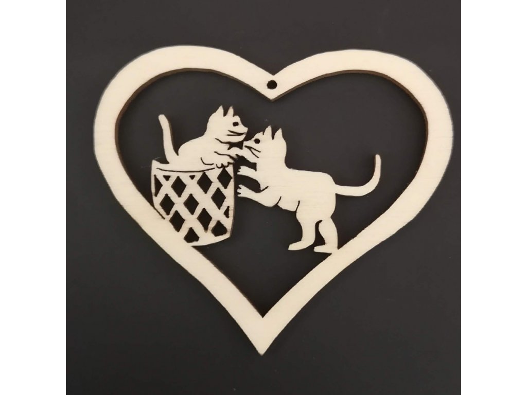 Dřevěná ozdoba srdce s kočkami 6 cm