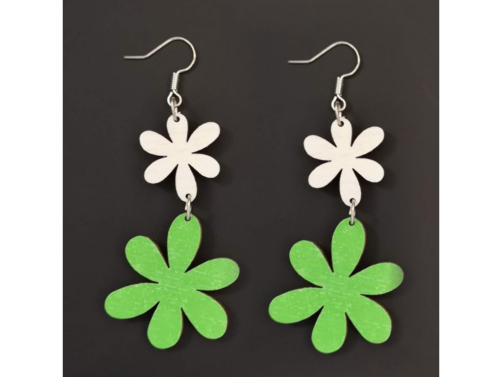Dřevěné náušnice květiny bílá a zelená, 5 cm