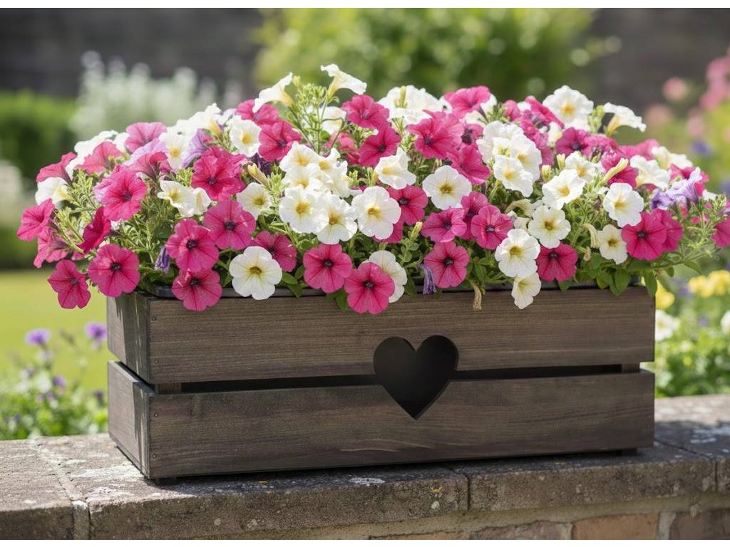 Dřevěný obal na truhlík se srdcem tmavý 52x21,5x17 cm