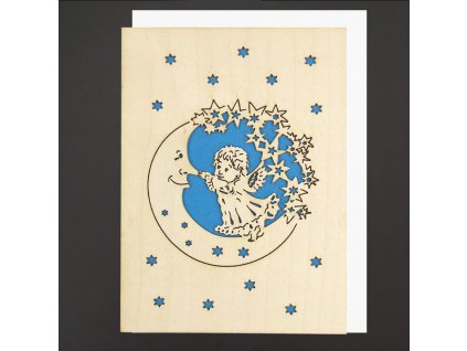 Holzgrußkarte Engel, blau, A6 ohne Text, tschechisches Produkt