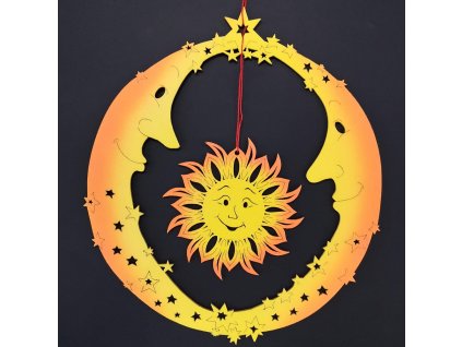 Holzdeko zwei Monde mit Sonne, bunt, zum Hängen, Höhe 20 cm