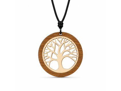 Wooden pendant made of solid wood round with insert - tree 6.5 cm