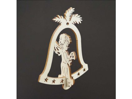 Dřevěná ozdoba 3D zvonek - anděl zpívající 9 cm