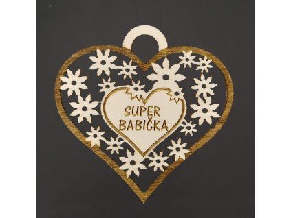 Dřevěné srdce s textem "super babička", 7 cm, topol překližka, chráněná dílna AMADEA