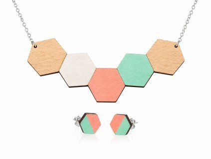 Set Holzkette mit Ohrringen mint, 8 cm