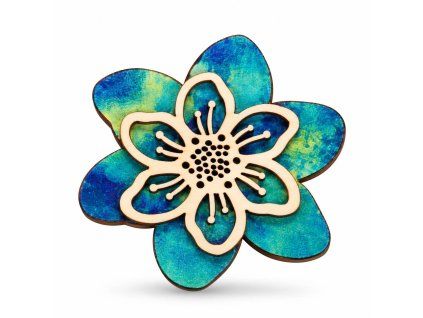Holzbrosche blaue Blume, 5 cm