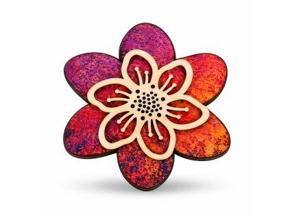 Holzbrosche rote Blume, 5 cm