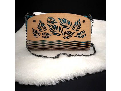 Turquoise wooden handbag - leaves 25 cm