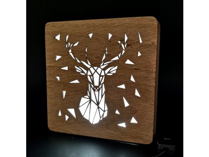 Dřevěná lampička s motivem jelena, velikost 20 cm, s LED osvětlením s trafem na 12V