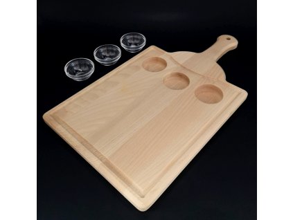 Wooden cutting board with groove and 3 serving bowls, solid wood, 45x25x2 cm
