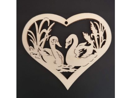 Wooden heart ornament with swans 17 cm