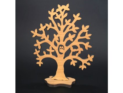 Wooden 3D tree with an owl, solid wood, height 20 cm