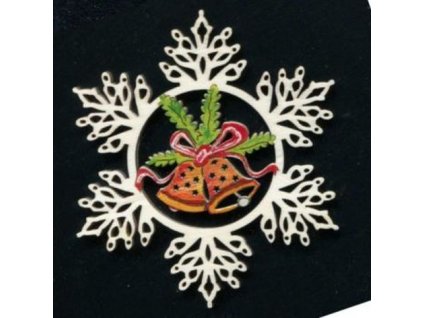 Drevená ozdoba farebná vločka so zvončekmi 9 cm