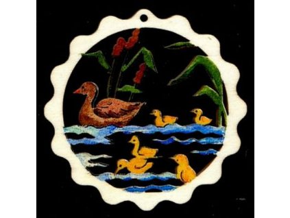 Wooden ornament, colorful wave with ducks, 6 cm