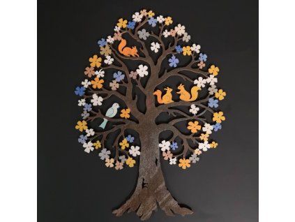 Wooden tree with squirrels, colorful decoration for hanging, double-sided print, height 27 cm