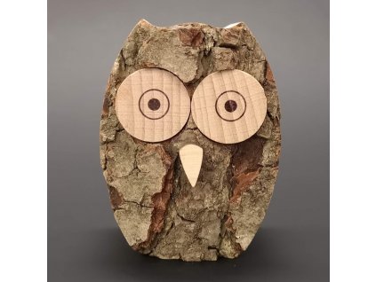 Wooden owl with bark, solid wood, height 6 cm