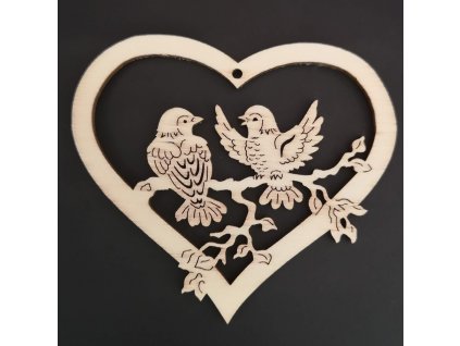 Dřevěná ozdoba srdce s ptáčky 14 cm