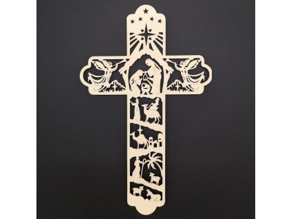 Wooden cross with nativity scene 25 cm
