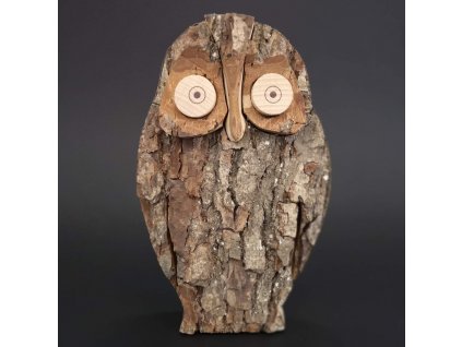 Wooden owl with bark, solid wood, height 16 cm
