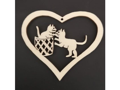 Wooden heart ornament with cats 6 cm