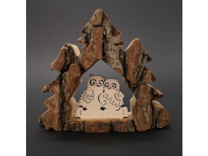 Wooden decoration trees with bark and owls, solid wood, 10x13x3 cm