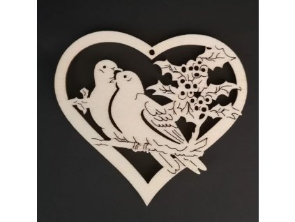 Dřevěná ozdoba srdce s ptáčky 7 cm