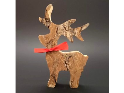 Wooden deer with bark, solid wood, height 15 cm