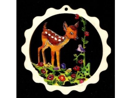 Holzornament, bunte Welle mit Hirsch 9 cm