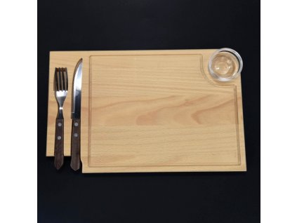 Wooden steak board with cutlery and glass bowl, solid wood, 36x23x2 cm