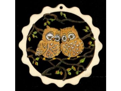 Colorful wooden ornament - wave with owls 9 cm