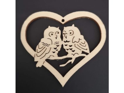 Wooden heart ornament with owls 6 cm