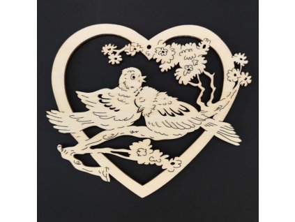 Dřevěná ozdoba srdce s ptáčky 15 cm