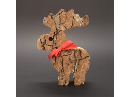 Wooden reindeer with bark, solid wood, height 15 cm
