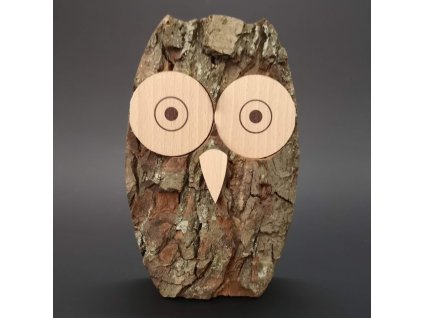 Wooden owl with bark, solid wood, height 15 cm