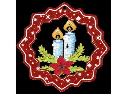 Drevená ozdoba farebná vločka so sviečkami 6 cm