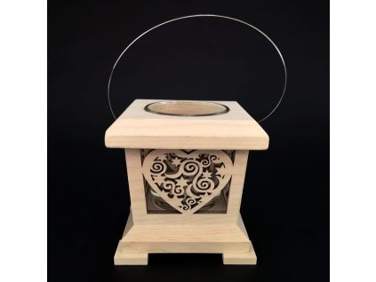 Wooden lantern with a heart motif, solid wood, 9x9x9 cm