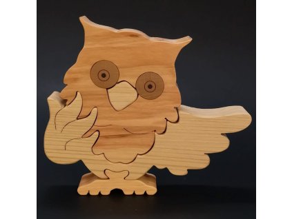 Dřevěné puzzle sova, masivní dřevo dvou druhů dřevin, 15 cm