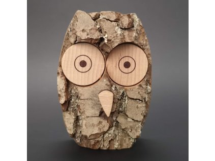 Wooden owl with bark, solid wood, height 10 cm