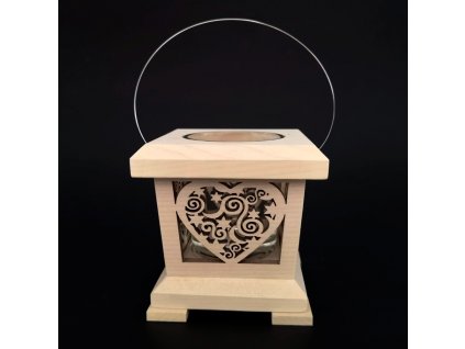 Wooden lantern with a heart motif, solid wood, 9x9x9 cm