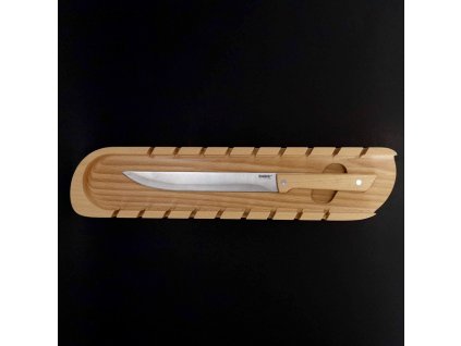 Dřevěné prkénko na bagety s nožem, masivní dřevo, 41x9x3 cm