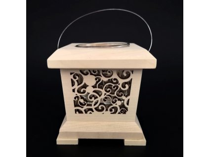 Wooden lantern with ornament, solid wood, 9x9x9 cm