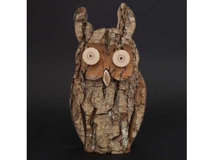 Wooden owl with bark, solid wood, height 16 cm