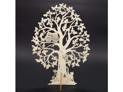 3D-Baum aus Holz mit Eulen, natur, Höhe 28 cm