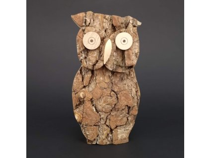 Wooden owl with bark, solid wood, height 16 cm