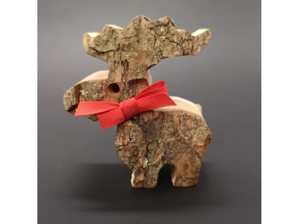 Wooden reindeer with bark, solid wood, height 7 cm