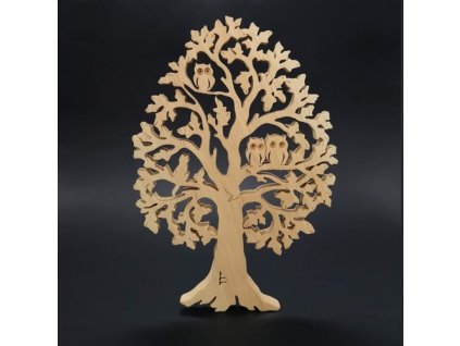 Wooden tree with owls and a cat, solid wood, height 53 cm