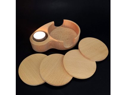 Dřevěný stojánek na podtácky ve tvaru ledviny a svícen 2v1,4 podtácky, masivní dřevo,18,5x12,5x4,5cm