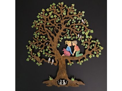 Dřevěný strom s dětmi, barevná závěsná dekorace, výška 22 cm